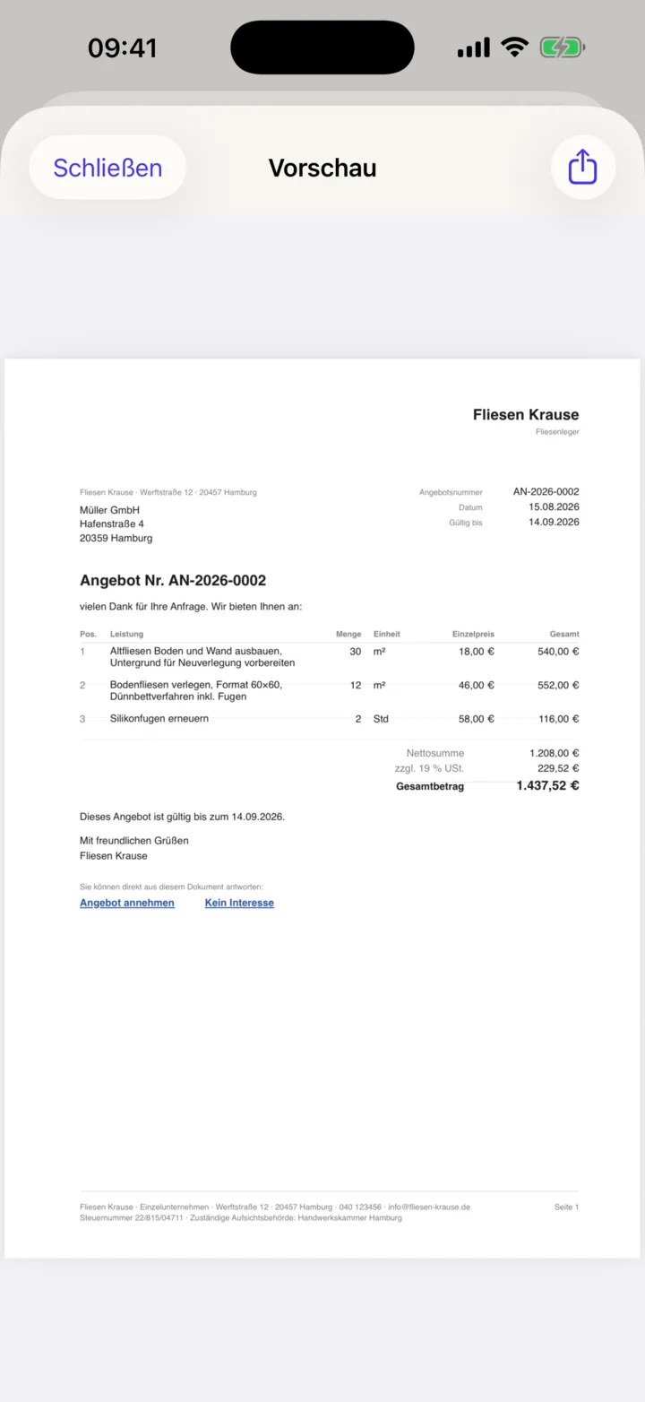 Fertiges Angebots-PDF in der App