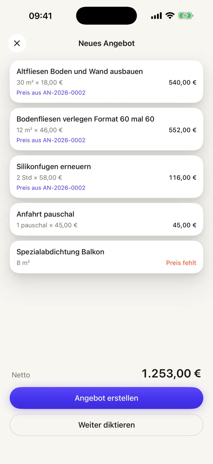 Erkannte Positionen mit Preisen aus früheren Angeboten